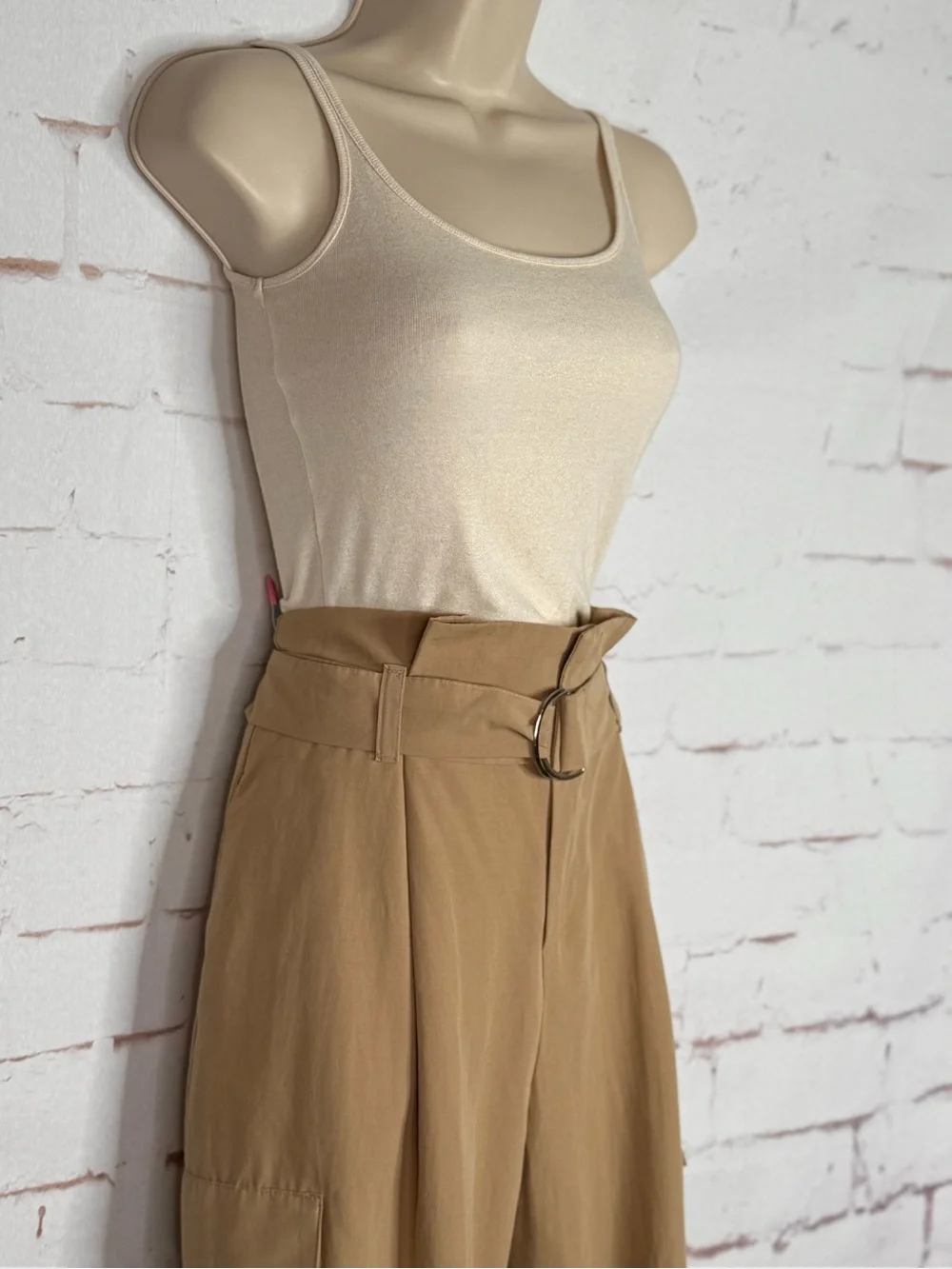 ZARA New With Tag M High Rise Paper Bag Straight Leg Camel Cargo Pants Medium - Picture 2 of 15